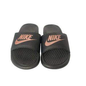 Nike Slides Women's Benassi JDI Black and Rose Gold Size 5 Sandals Open‎ Toe